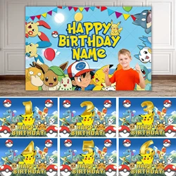 Custom Name Party Pokemon Backdrop Decoration Pikachu Theme Birthday Background for Kids Boy Baby Shower Anime Banner Poster