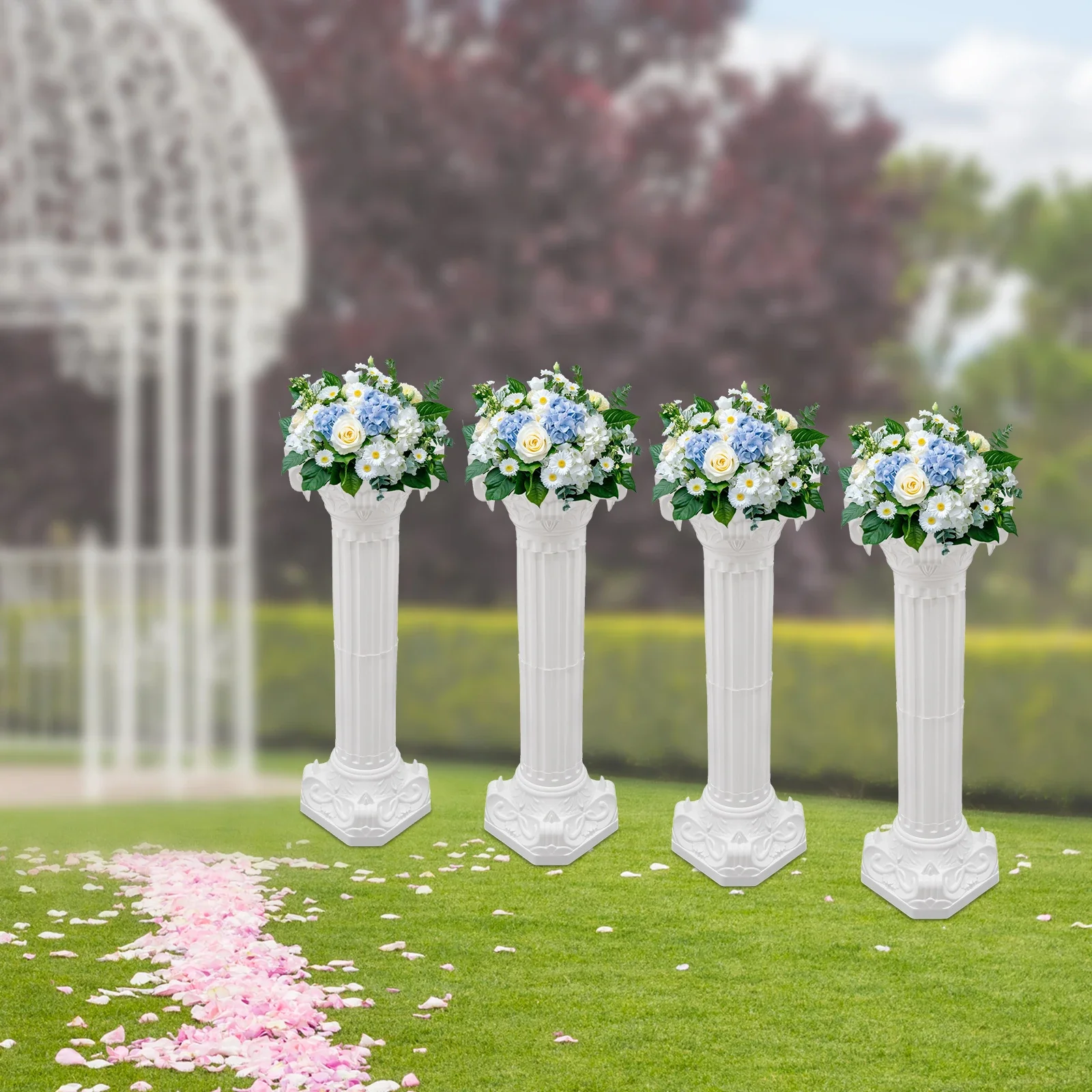 Set of 4 White Hollow Roman Columns, Wedding Pillar Flower Stands for Wedding, Party & Event Aisle Decoration