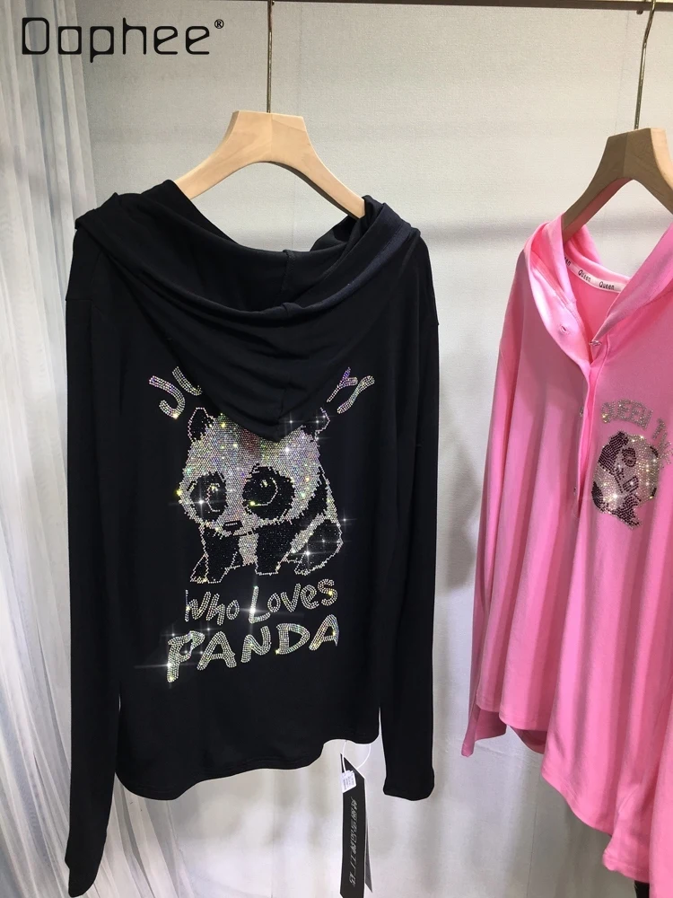 

Heavy Industry Hot Diamond T-shirt Women Hooded Cartoon Long-sleeved Top Cute Panda Versatile Bottoming Shirt 2024 Autumn New