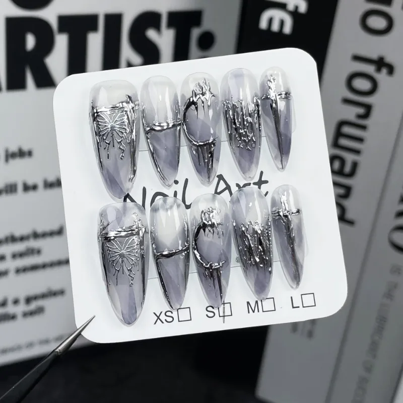 

10 Pieces Spicy Girls Ice Clear Handmade Press On Nails Watercolour Embossed Butterfly Fake Nails Removable Reusable