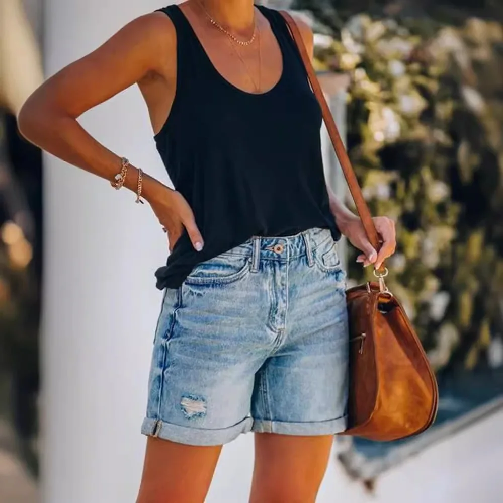 New Womens High Waisted Distressed Denim Shorts 2