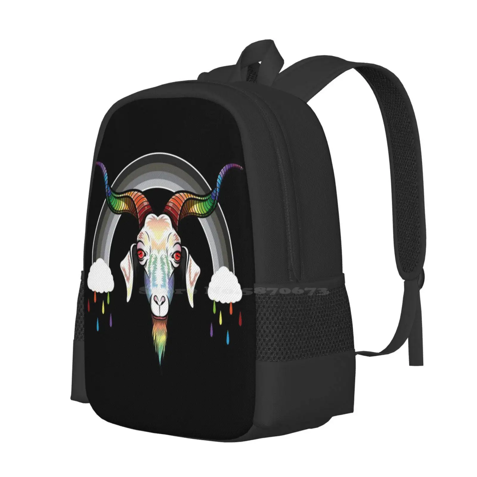 Rainbow Goat Hot Sale Schoolbag Backpack Fashion Bags Goats Animal Mammal Domestic Farm Horns Rainbow Clouds Monochrome Grey