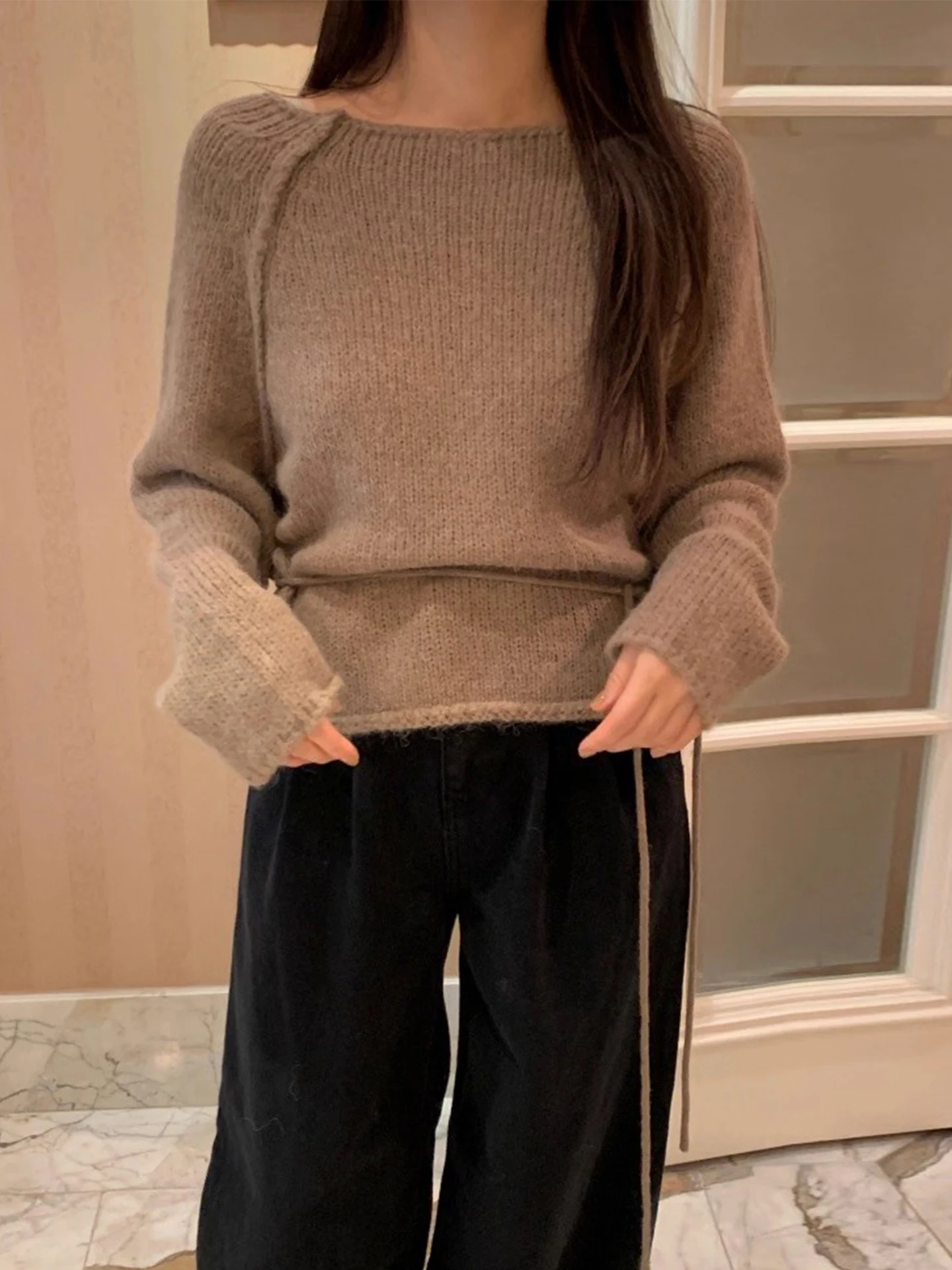 

Chic Autumn Winter Lazy Sle Ne Hanging Sa Loose Casual Cuffed Long Sve Color Knitted Sweater for Women