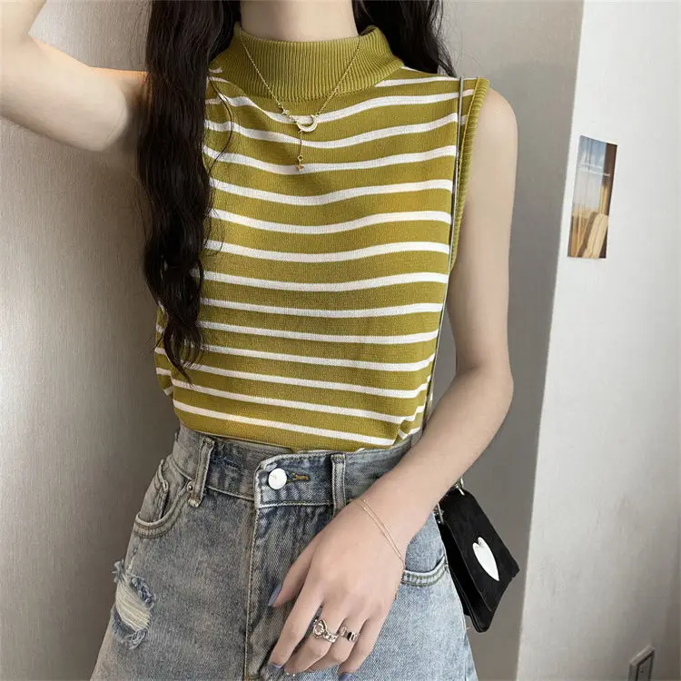 Striped Semi-turtleneck Knit Vest Women's Undershirt Summer 2023 New Slim Fit Sleeveless Off-the-shoulder Top Crop Tops