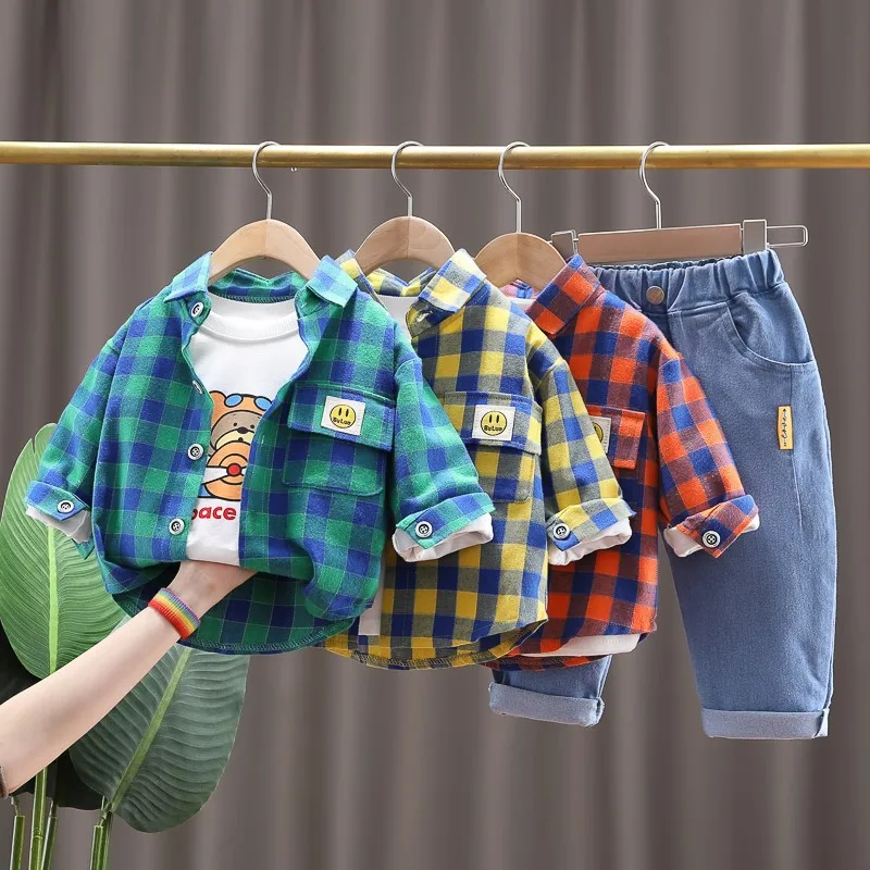 

Весенне-осенний комплект для малышей: хлопковая рубашка в клетку + футболка с длинными рукавами + джинсы, детский спортивный костюм из 3 предметов, детская одежда для детей 1-6 лет