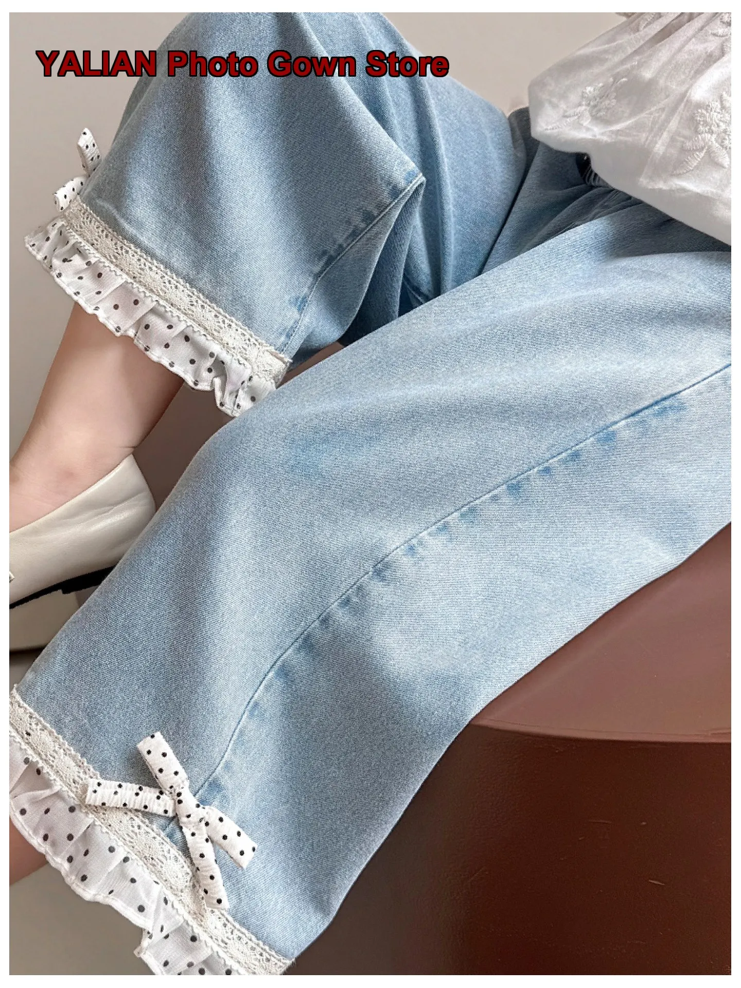 Girls Denim Wide Leg Pants Kids Summer Thin Floral Trim Younger Kids