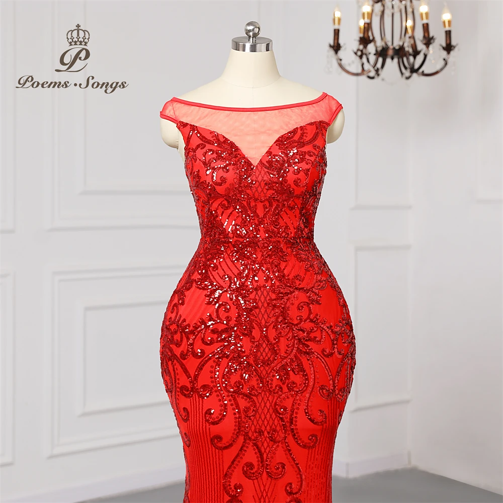 Plus size Sexy transparent yarn neck Red sequins Evening dresses prom dress evening gowns robe de soirée de mariage Maxi dress