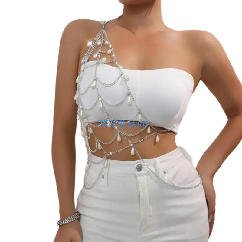 

T21F Pearls Layered Metal Chain Harness Shoulder Top Women Body Jewelry Necklace