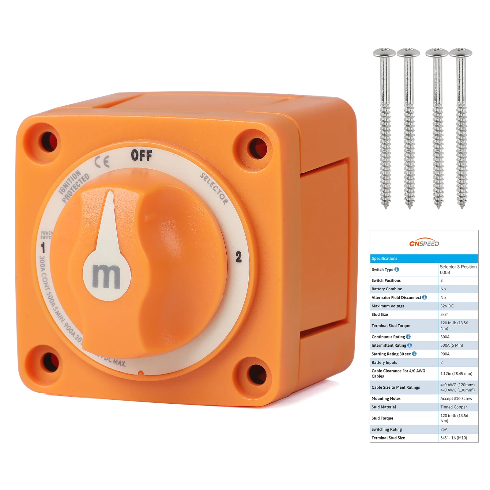 M-Series 6008 Orange Red Black Selector 3 Position Battery Isolator Disconnect Switch 32V DC 300A IP65 For Truck RV Marine Boat