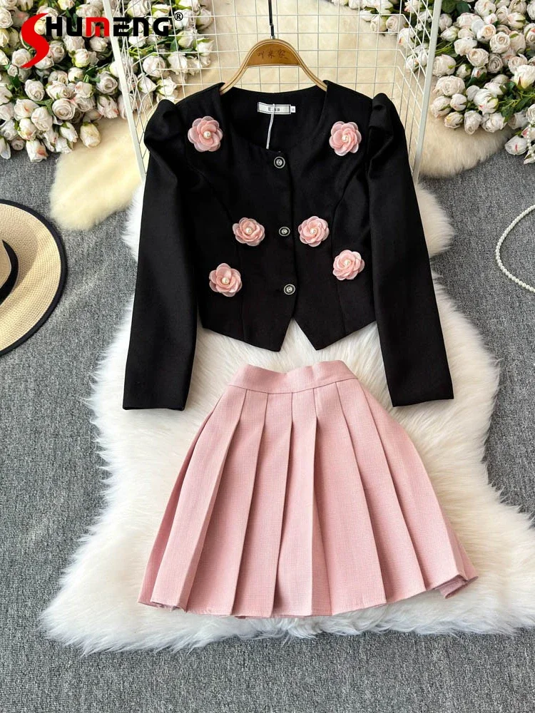 

2024 Autumn New Chic Dress Sets Feminine Three-dimensional Rose Design Tops High Waist Thin Pleated Skirts Women's Two-piece Set