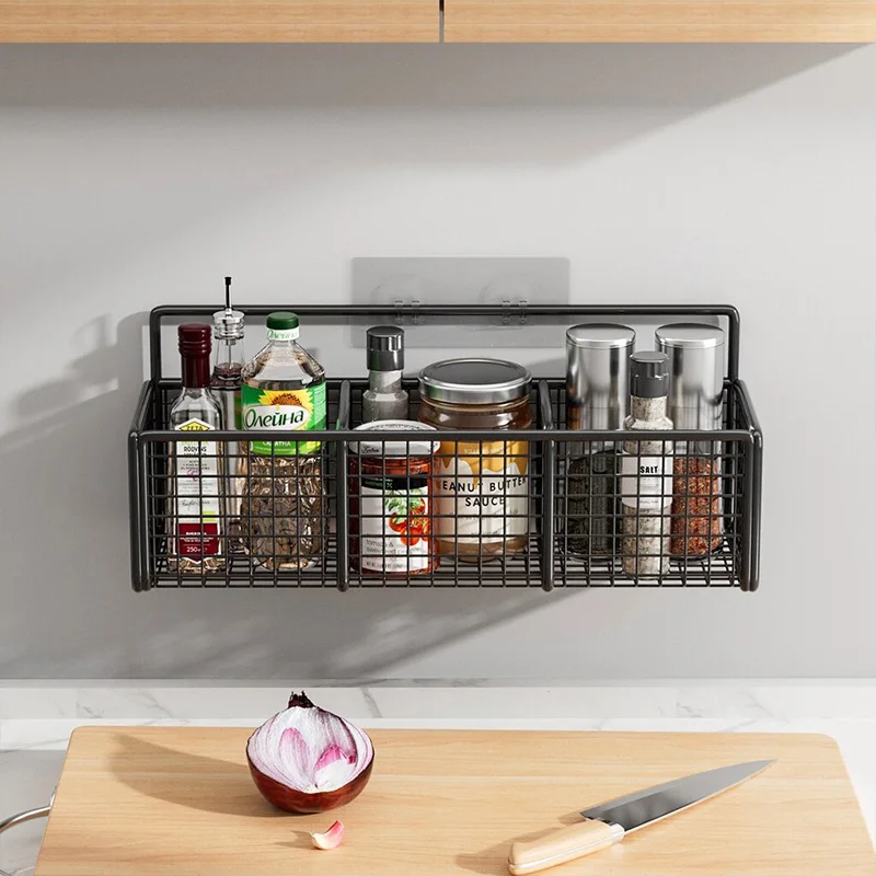 Kitchen Ginger Garlic Separation Storage Basket Free Punch Hanging Rack Carbon steel Seasoning Rack Storage Basket With Hook