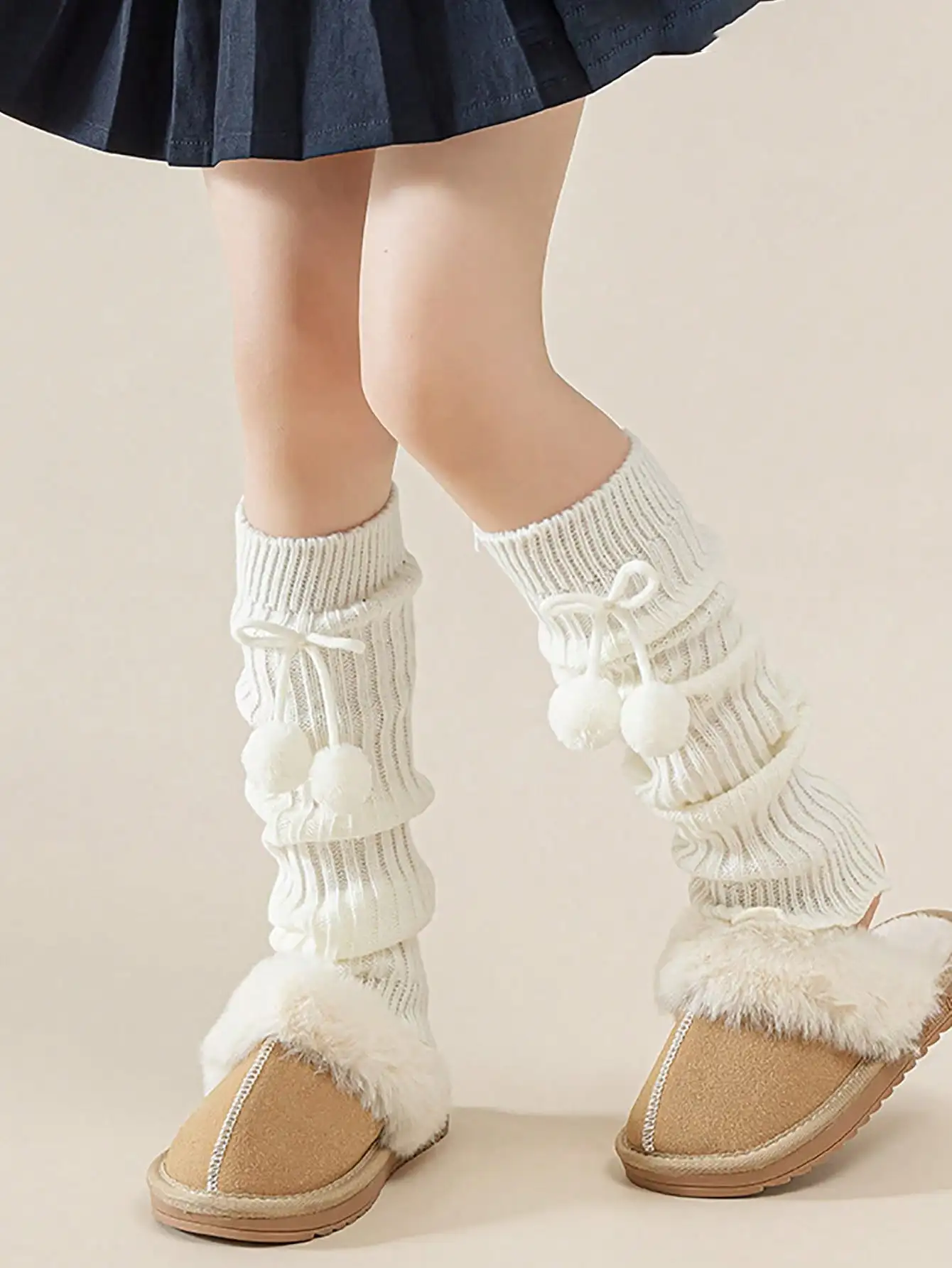 2Pairs Children Girls Warm Knitted Leg Warmers Pompon Bow Decor Slouch Calf Covers, Elastic Leg Socks for Back To School Wear