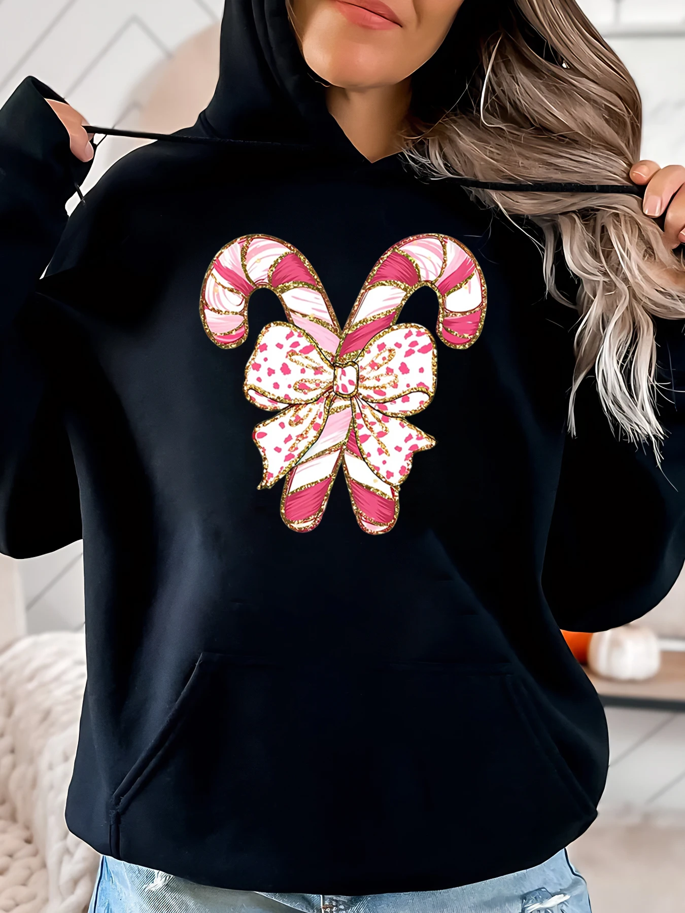 Candy Cane Bow Print Kersthoodie Dames Casual vakantiekleding Zwart Plus-maat