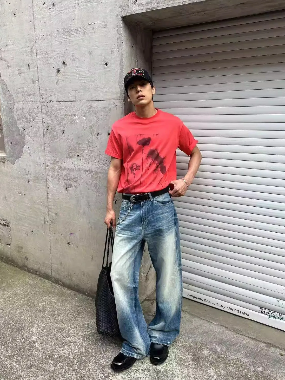 

Retro Ice Blue Waed Hand Rubbed A-Line Straight Leg Blue Jeans Youthful Trendy Cotton Denim Low Waist Long Pants