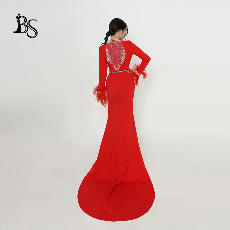 Baisha-vestido de noche rojo hecho a mano, nuevo vestido de compromiso con cuentas, diseño de plumas para boda, ocasiones formales, H915