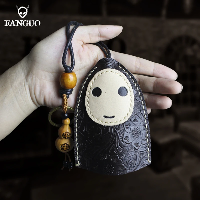 Handmade Genuine Leather Cute Black No Face Bag Charm Faceless Key Chain KeyRing