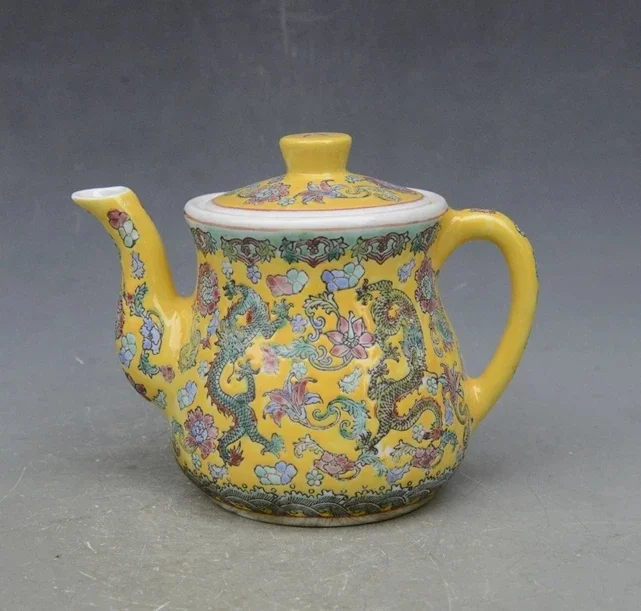 Exquisite Chinese Antique Imitation Yellow Glaze Ceramic Teapot, Painted with Beautiful Colorful Flowers and Dragons