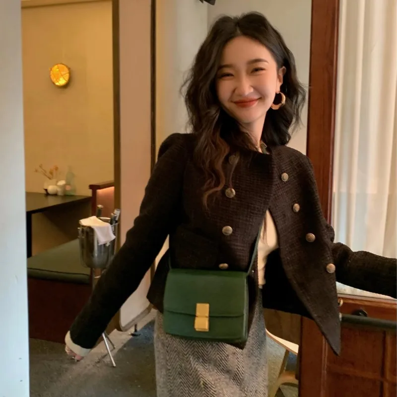 

Temperament Lady Tops Tweed Jackets 2024 Women Clothing Double-breasted Vintage Outwear O-neck Thicked Crop Coats Ropa Mujer