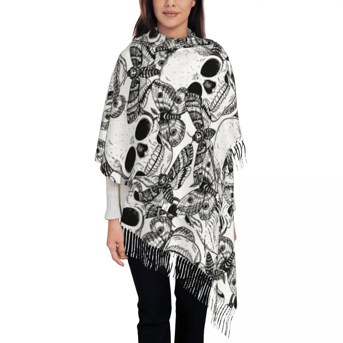 Womens Scarf with Tassel Skull Butterflies Death Moth Large Super Soft Shawl and Wrap Halloween Cartoon Gifts Pashmina Scarves