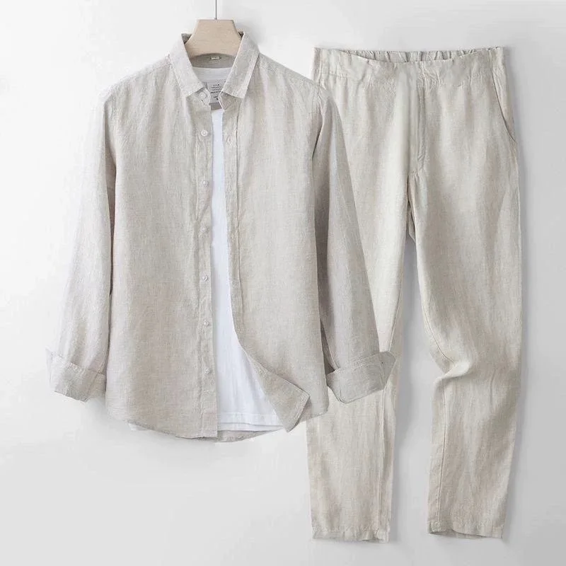 Summer Thin Casual Loose Linen Shirt Set Long Sleeve Men's White Casual Wear Matching Pants Youth Chinese Brand Tagkita