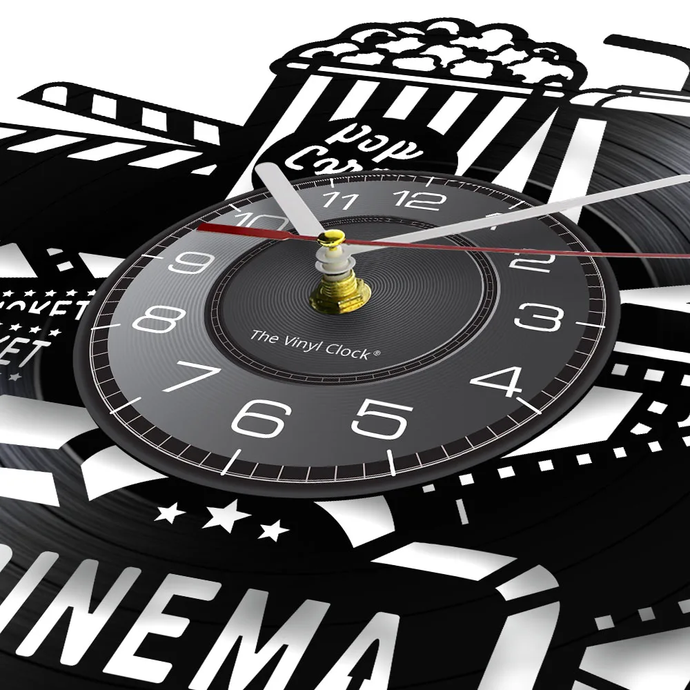 Cinema Production Clock Movie Theater Sign Popcorn Vinyl Record Wall Clock Watching Film Vintage Wall Decor Movies Lovers Gift