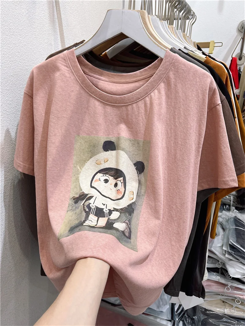 

Retro American Bear Print Snowflake Cotton Short Sleeve T-Shirt Loose Women's Summer Clothing plus Size Girls' Top
