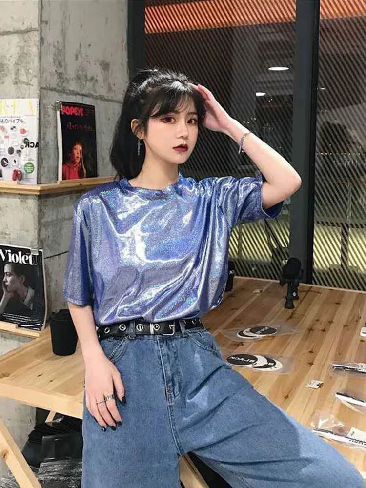 

New summer retro style stylish bright silk woman tops shiny loose short sleeve t-shirt sexy club aesthetic harajuku women tshirt