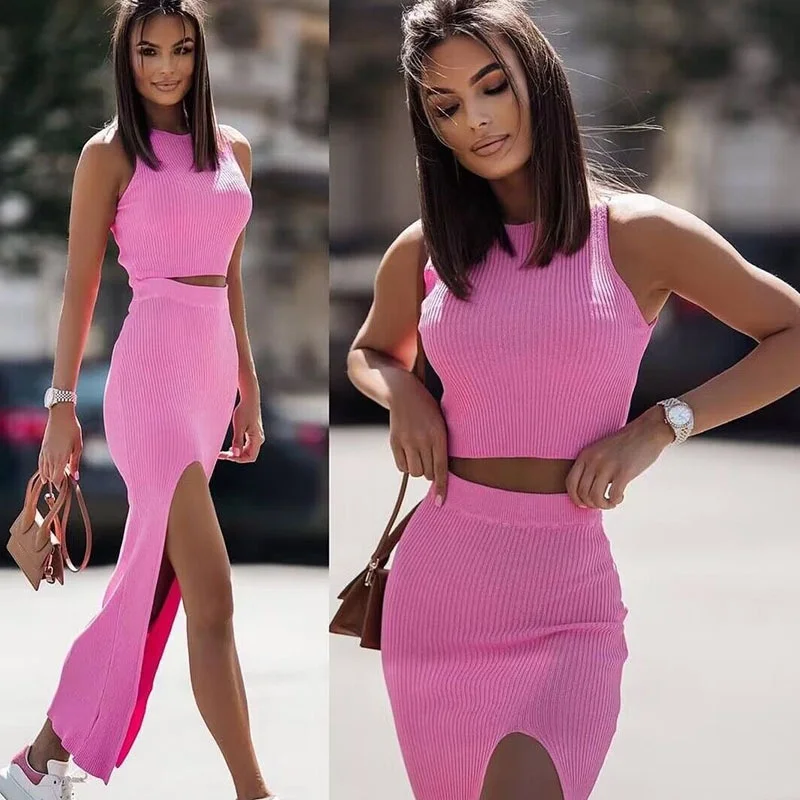 2024 summer new vest skirt suit solid color slim-fit slit skirt women two-piece set