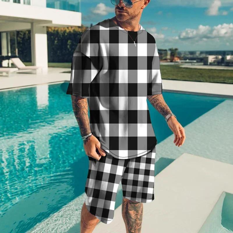 Summer men\'s new two-piece beach short sleeved shorts casual black and white checkered print simple and fashionable outdoor men\'