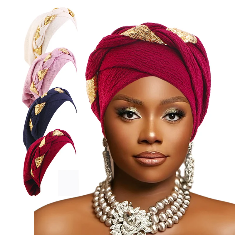 

Новый элегантный тюрбан с африканской косой и блестками, предварительно завязанная повязка на голову, стильный хиджаб, головной платок, капот, шапочки, химиотерапия, кепка от рака