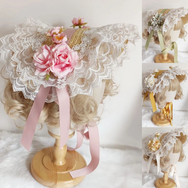 Lolita Headdress Lolita Hat Headpiece Lolita Hair Accessories Flat Top Hat Ruffle Lace Lolita Straw Hat With Strap Ribbon Flower