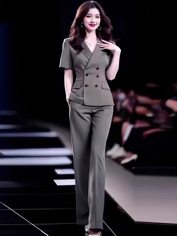 ชุดสูทแฟชั่นสำหรับผู้หญิง ชุดทำงานฤดูร้อนใหม่ เสื้อครอปแขนสั้น กางเกงขายาวทรงตรง ชุดเซ็ตสองชิ้น