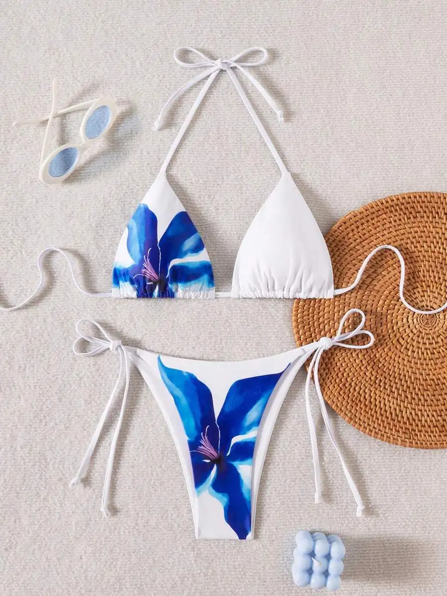 

Womens Blue Floral Print Tie-Front Triangle Bikini Set With Adjustable Straps