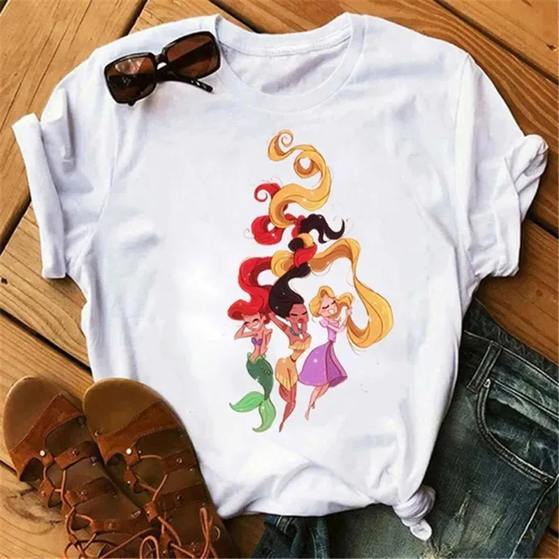 Maglietta da donna Disney T-Shirt a maniche corte con stampa principessa a forma di principessa carina aspetto cartone animato femminile principesse