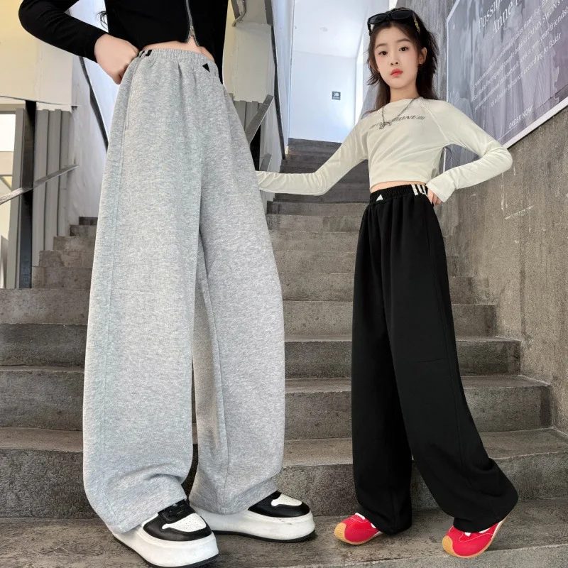 Girls Sweatpants Fashion Knitted Cotton Sports Drawstring Casual Pants Teen Childen Straight Loose Wide-leg Trackpants Trousers