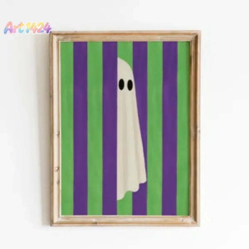 1 Piece of Frameless Ghost Print,Purple-green Retro Halloween Wall Art,Summer Decoration,Striped Printable Art,Digital Downlo