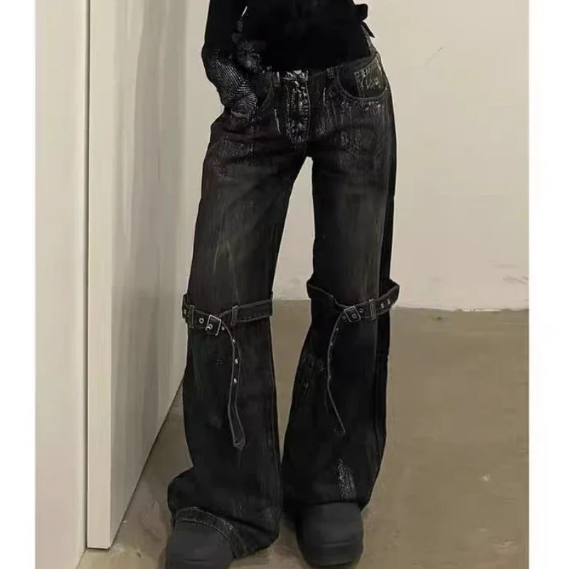 HOUZHOU Y2K Gothic Jeans Frauen Schwarz Vintage Hohe Taille Hip Hop Gerade Hose Harajuku Stern Streetwear Breite Bein Denim Hosen