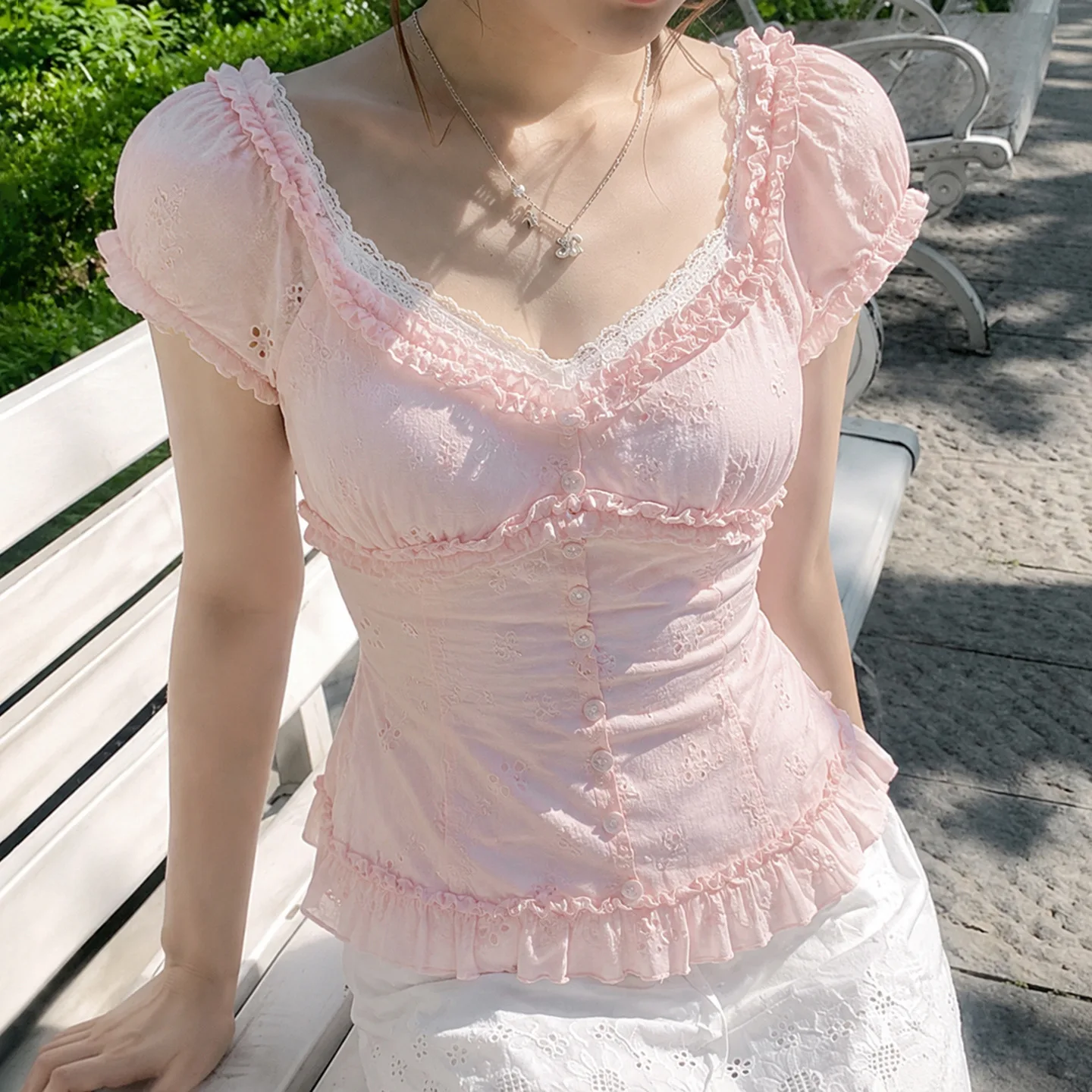 Sweet Bubble Sleeves Contrasting Lace Breasted Shirt Wooden Ear Edge Splicing Square Collar Back Strap Top Women