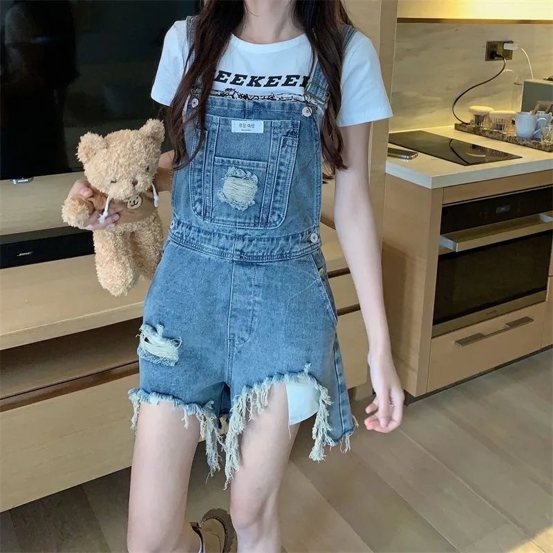 Summer Rompers Women Jumpsuits Distressed Holes tassel Denim Shorts Playsuit Overalls for Women Roupas Feminina Peto Vaquero Muj