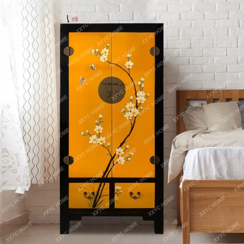 Modern new Chinese-style painted elm solid wood wardrobe two-door wardrobe double-door simple locker bedroom custom furniture