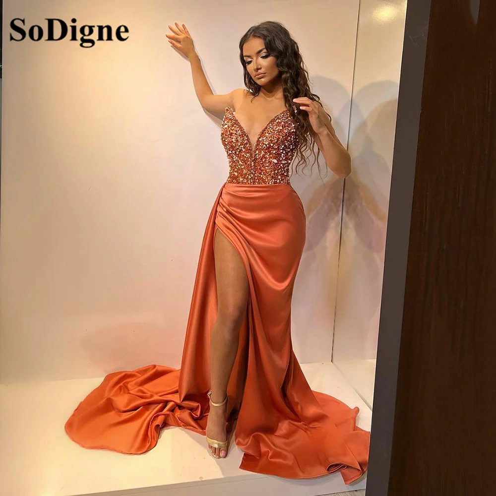 

SoDigne Satin Arabic Evening Party Dresses Mermaid Beads Sequines Women Bodycon Prom Gowns Slit Wedding Pageant Dress