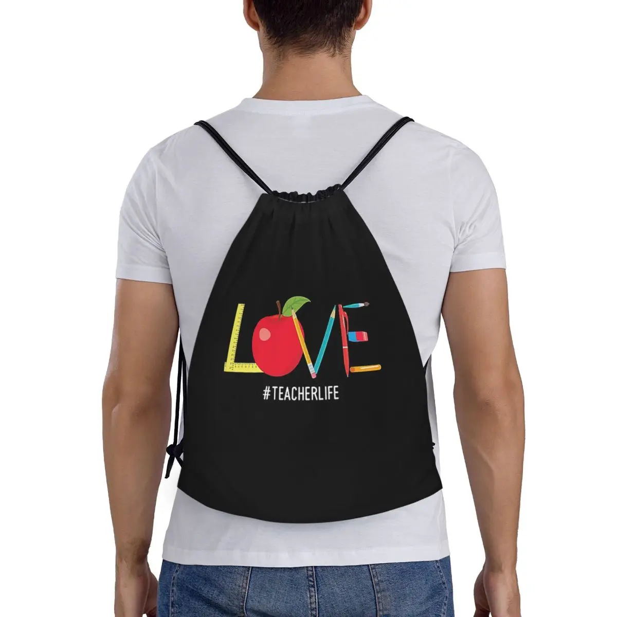 

Love Teacher Life Apple Pencil Backpacks Casual Drawstring Bags Sports Bag Book Bags for Man Woman Students