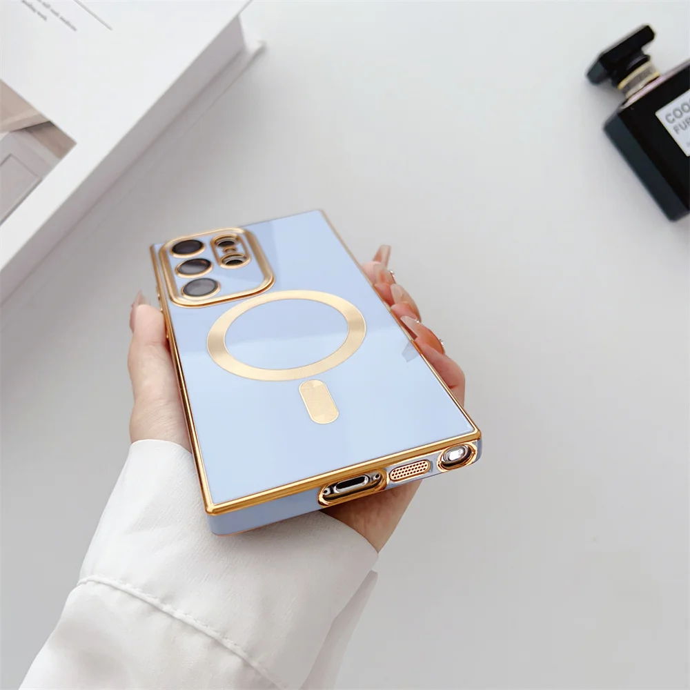 Gold Plating Camera Lens Protection Magnetic Case for Samsung Galaxy S26 Ultra/S25 Solid Color Funda S23 Ultra/S22 Plus/S21