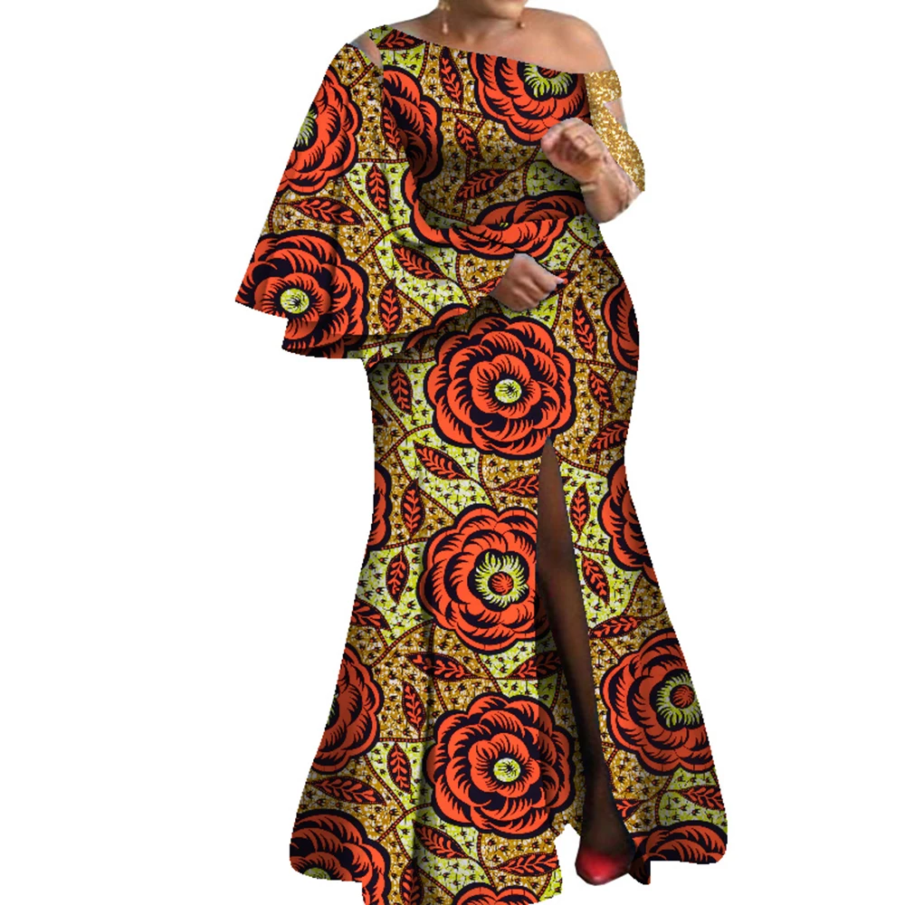 

Bintarealwax African Dresses for Women Flared Sleeves Long Maxi Dress Dashiki Plus Size 7XL African Women Dresses WY8237
