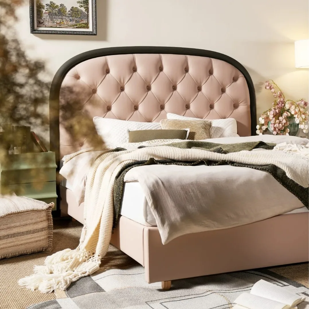 *Donut Bed French Retro Leather Bed - Flush Side for Master Bedroom, Modern Minimalist Pink Princess
