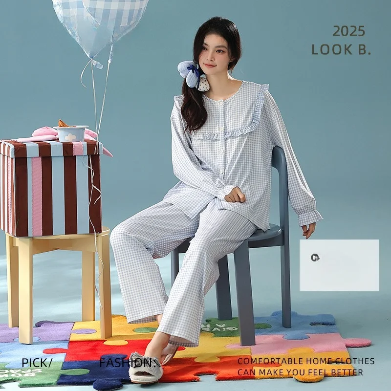 2025 New Women's Autumn Long Sleeved Loungewear Set, Sweet Plaid Pajamas Made From Antibacterial Xinjiang Cotton