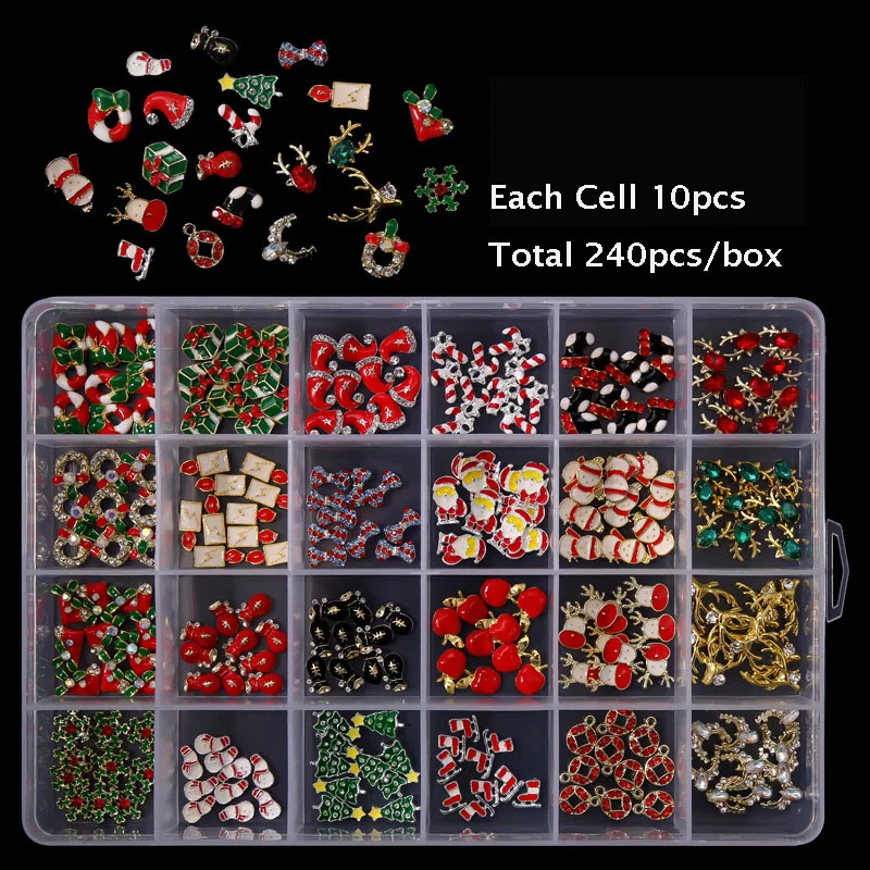 

240pcs Nail Art Christmas Alloy Rhinestones 3D Nail Art Decorations Charms Glitter Fake Nails Accessories Manicure Nail Supplies