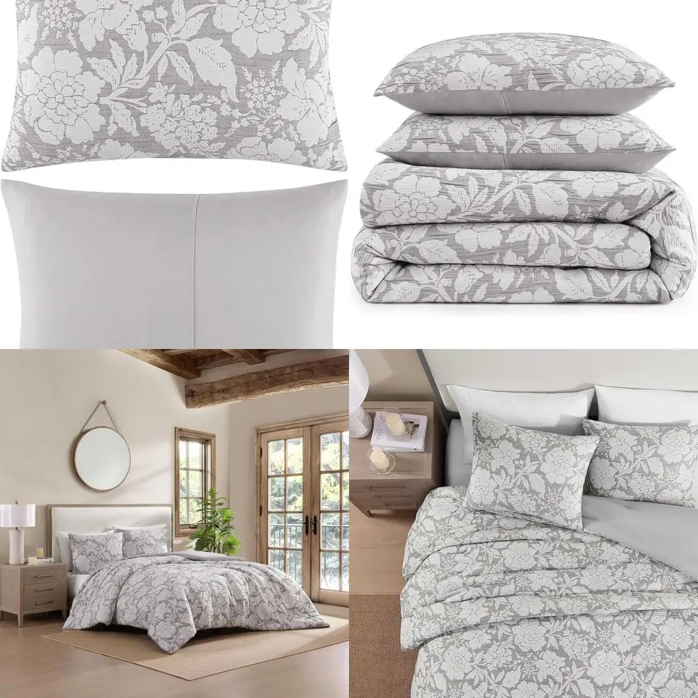 

Роскошный жаккардовый комплект пододеяльников Matelassé King с подходящими шамами, сертифицированный Oeko-Tex — серый свадебный цветочный принт