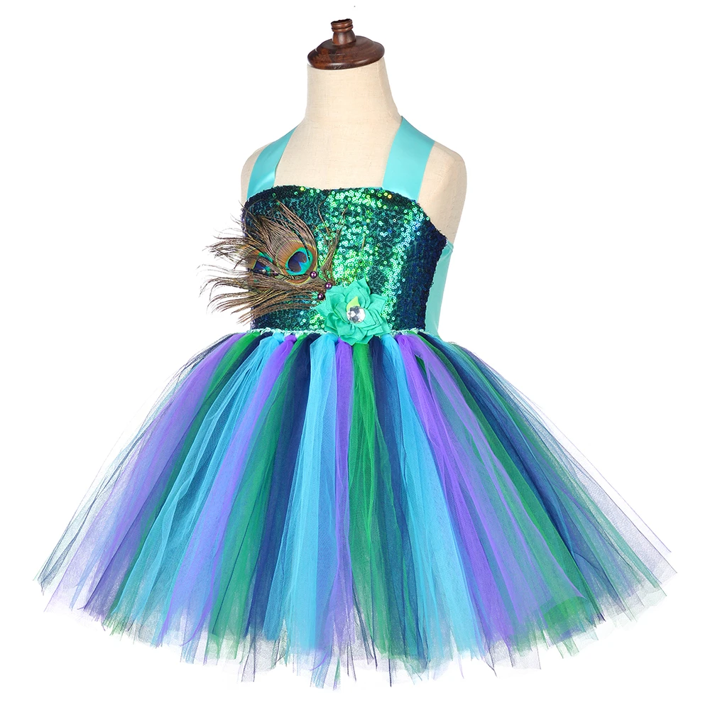 Sequins Peacock Dresses for Girls Halloween Christmas Costumes Kids Glittery Birthday Ballet Tutus with Flower Feathers Hairpin