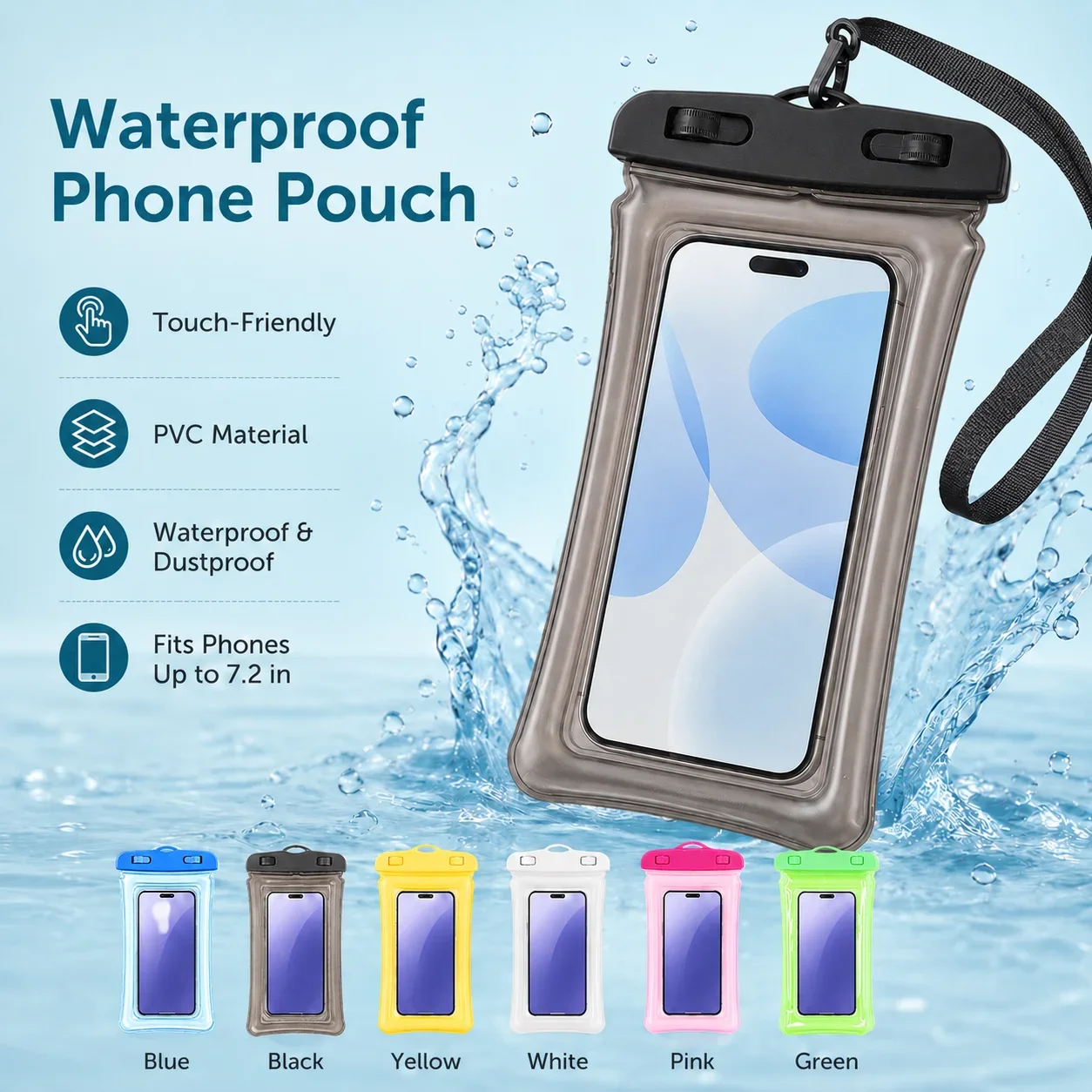 Waterproof Phone Pouch with Touch Screen Clear Window PVC Neck Strap for Swimming Diving Beach Outdoor Water Sports Storage Bag